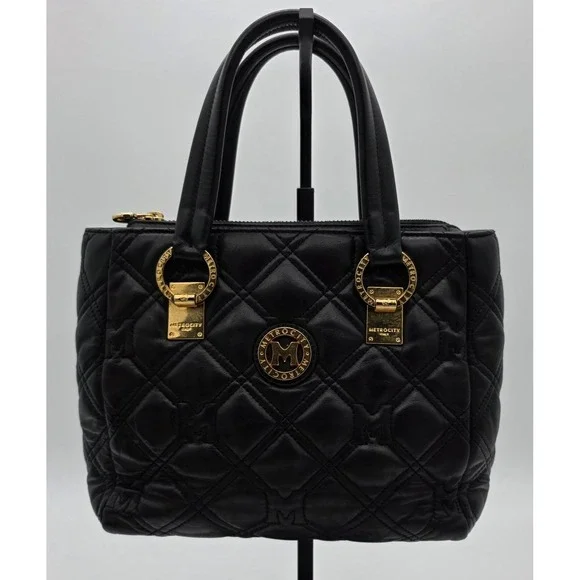 Metrocity Black Quilted Leather Satchel Made In Italy With Gold Hardware #0349 - Picture 1 of 16